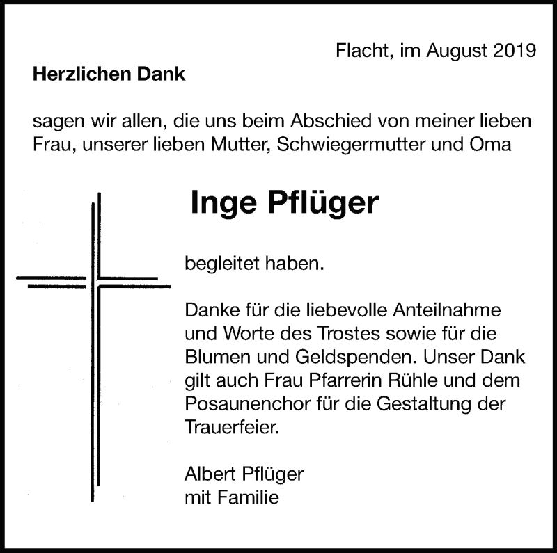  Traueranzeige für Inge Pflüger vom 20.08.2019 aus Leonberger Kreiszeitung / Strohgäu Extra