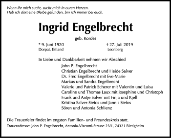 Traueranzeige von Ingrid Engelbrecht von Leonberger Kreiszeitung / Strohgäu Extra