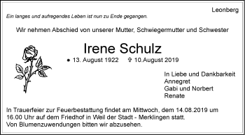 Traueranzeige von Irene Schulz von Leonberger Kreiszeitung / Strohgäu Extra