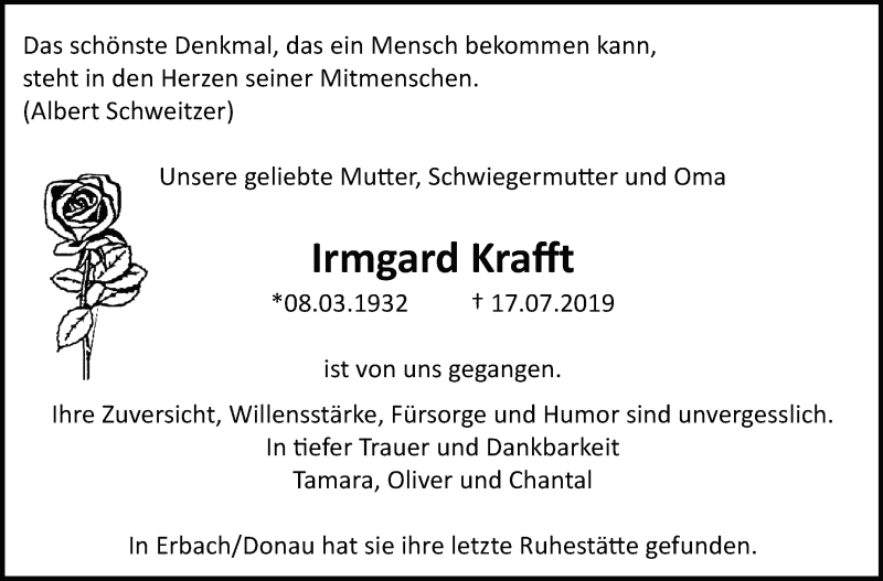  Traueranzeige für Irmgard Krafft vom 08.08.2019 aus Leonberger Kreiszeitung / Strohgäu Extra