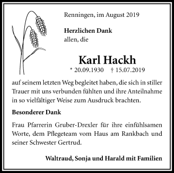 Traueranzeige von Karl Hackh von Leonberger Kreiszeitung / Strohgäu Extra