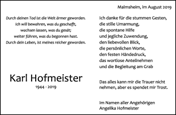 Traueranzeige von Karl Hofmeister von Leonberger Kreiszeitung / Strohgäu Extra