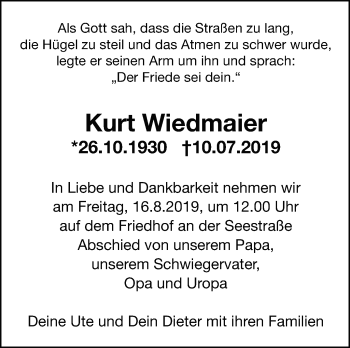 Traueranzeige von Kurt Wiedmaier von Leonberger Kreiszeitung / Strohgäu Extra