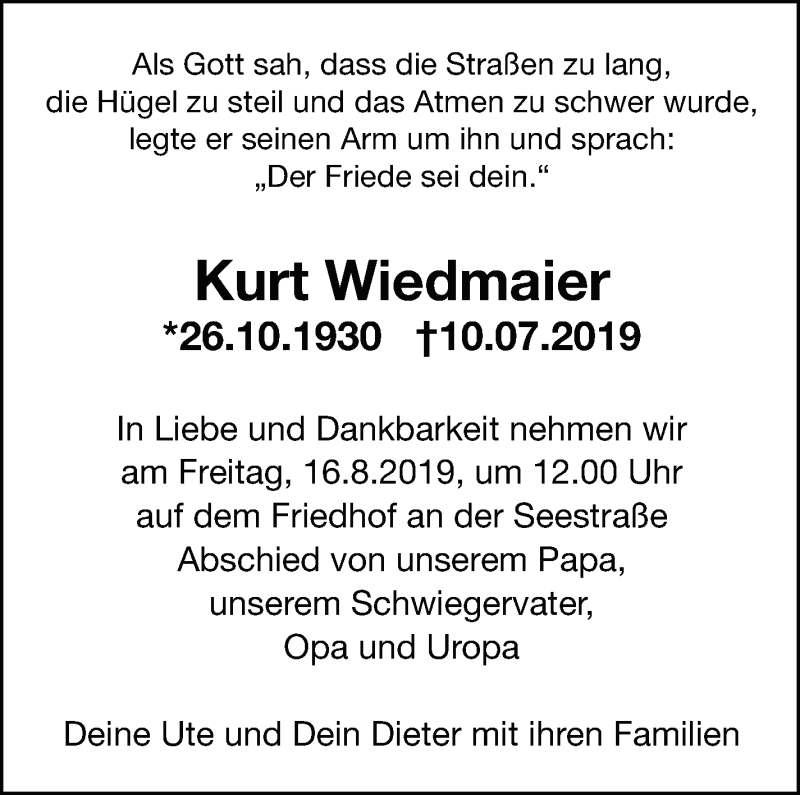  Traueranzeige für Kurt Wiedmaier vom 09.08.2019 aus Leonberger Kreiszeitung / Strohgäu Extra