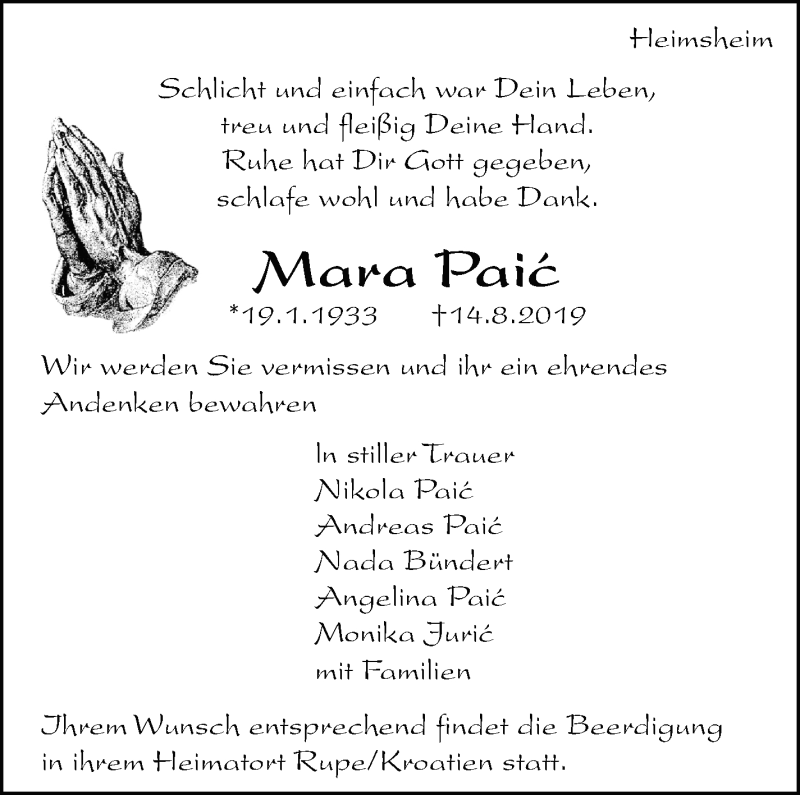 Traueranzeige für Mara Paic vom 16.08.2019 aus Leonberger Kreiszeitung / Strohgäu Extra