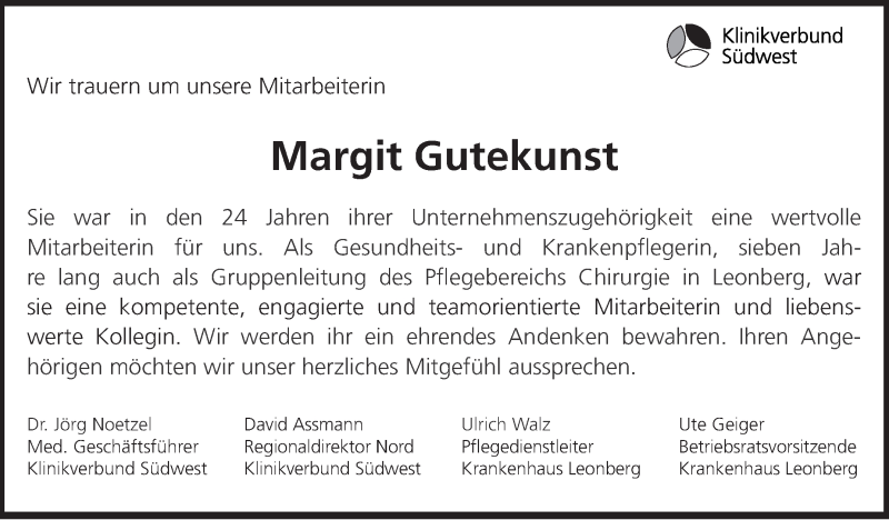  Traueranzeige für Margit Gutekunst vom 28.08.2019 aus Leonberger Kreiszeitung / Strohgäu Extra