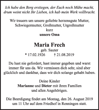 Traueranzeige von Maria Frech von Leonberger Kreiszeitung / Strohgäu Extra