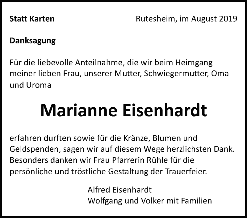  Traueranzeige für Marianne Eisenhardt vom 10.08.2019 aus Leonberger Kreiszeitung / Strohgäu Extra