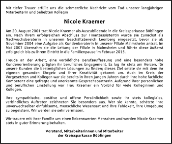 Traueranzeige von Nicole Kraemer von Leonberger Kreiszeitung / Strohgäu Extra