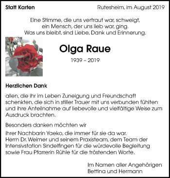 Traueranzeige von Olga Raue von Leonberger Kreiszeitung / Strohgäu Extra
