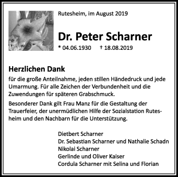 Traueranzeige von Peter Scharner von Leonberger Kreiszeitung / Strohgäu Extra
