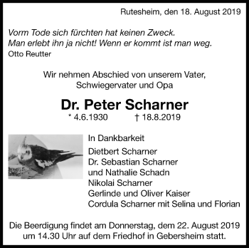 Traueranzeige von Peter Scharner von Leonberger Kreiszeitung / Strohgäu Extra