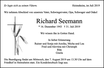 Traueranzeige von Richard Seemann von Leonberger Kreiszeitung / Strohgäu Extra