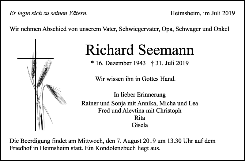  Traueranzeige für Richard Seemann vom 03.08.2019 aus Leonberger Kreiszeitung / Strohgäu Extra
