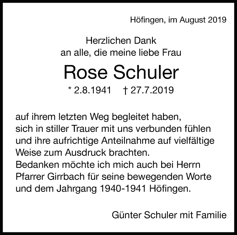  Traueranzeige für Rose Schuler vom 21.08.2019 aus Leonberger Kreiszeitung / Strohgäu Extra