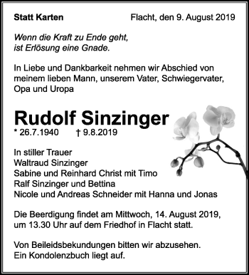 Traueranzeige von Rudolf Sinzinger von Leonberger Kreiszeitung / Strohgäu Extra