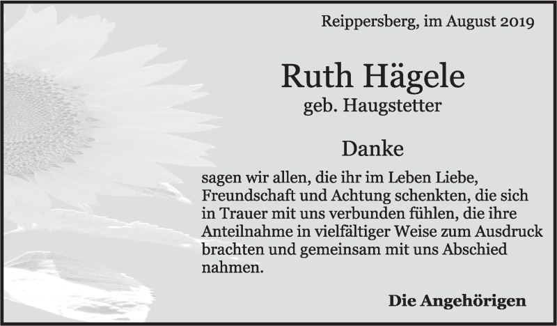  Traueranzeige für Ruth Hägele vom 24.08.2019 aus Leonberger Kreiszeitung / Strohgäu Extra