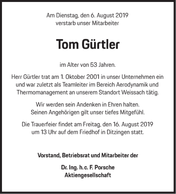 Traueranzeige von Tom Gürtler von Leonberger Kreiszeitung / Strohgäu Extra