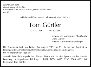 Traueranzeige von Tom Gürtler von Leonberger Kreiszeitung / Strohgäu Extra