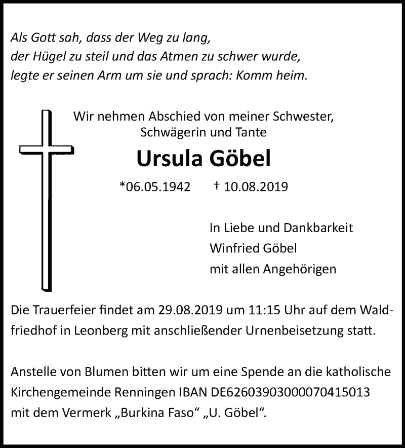  Traueranzeige für Ursula Göbel vom 21.08.2019 aus Leonberger Kreiszeitung / Strohgäu Extra