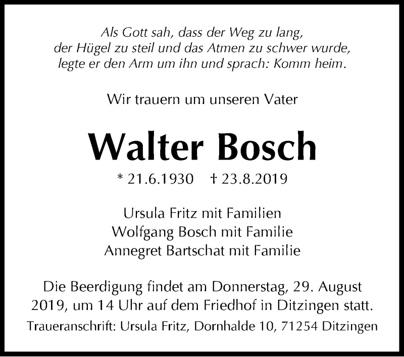  Traueranzeige für Walter Bosch vom 27.08.2019 aus Leonberger Kreiszeitung / Strohgäu Extra