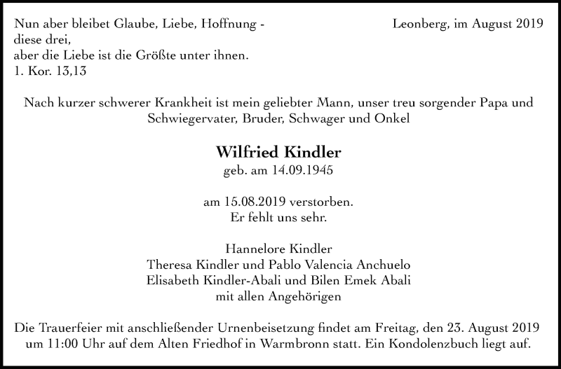  Traueranzeige für Wilfried Kindler vom 20.08.2019 aus Leonberger Kreiszeitung / Strohgäu Extra