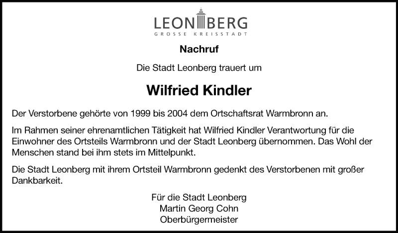  Traueranzeige für Wilfried Kindler vom 22.08.2019 aus Leonberger Kreiszeitung / Strohgäu Extra