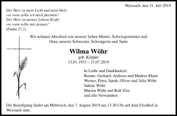 Traueranzeige von Wilma Wöhr von Leonberger Kreiszeitung / Strohgäu Extra