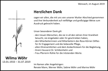 Traueranzeige von Wilma Wöhr von Leonberger Kreiszeitung / Strohgäu Extra