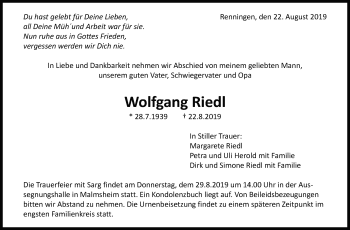 Traueranzeige von Wolfgang Riedl von Leonberger Kreiszeitung / Strohgäu Extra