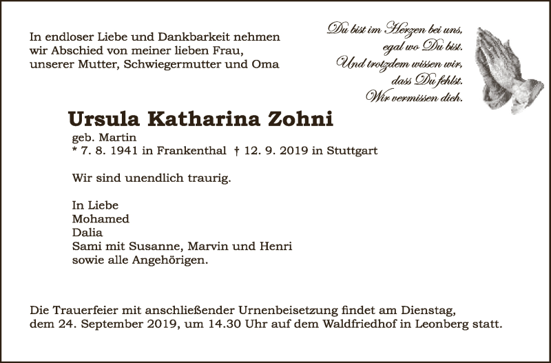  Traueranzeige für Ursula Katharina Zohni vom 19.09.2019 aus 