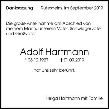 Traueranzeige von Adolf Hartmann von Leonberger Kreiszeitung / Strohgäu Extra