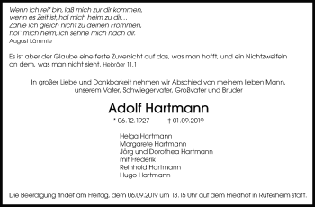 Traueranzeige von Adolf Hartmann von Leonberger Kreiszeitung / Strohgäu Extra