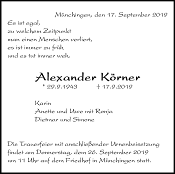 Traueranzeige von Alexander Körner von Leonberger Kreiszeitung / Strohgäu Extra