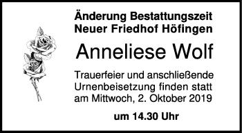 Traueranzeige von Anneliese Wolf von Leonberger Kreiszeitung / Strohgäu Extra