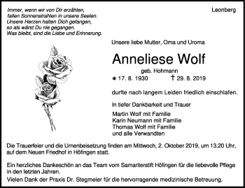 Traueranzeige von Anneliese Wolf von Leonberger Kreiszeitung / Strohgäu Extra