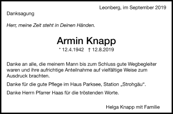 Traueranzeige von Armin Knapp von Leonberger Kreiszeitung / Strohgäu Extra
