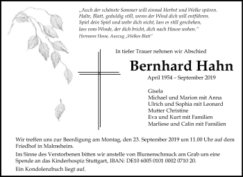 Traueranzeige von Bernhard Hahn von Leonberger Kreiszeitung / Strohgäu Extra