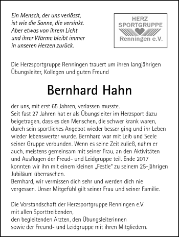 Traueranzeige von Bernhard Hahn von Leonberger Kreiszeitung / Strohgäu Extra