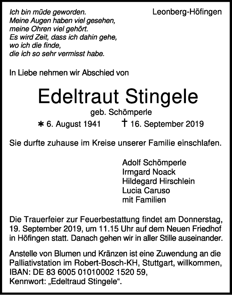  Traueranzeige für Edeltraut Stingele vom 18.09.2019 aus Leonberger Kreiszeitung / Strohgäu Extra