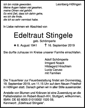 Traueranzeige von Edeltraut Stingele von Leonberger Kreiszeitung / Strohgäu Extra