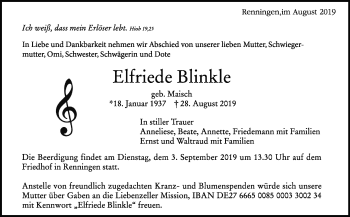 Traueranzeige von Elfriede Blinkle von Leonberger Kreiszeitung / Strohgäu Extra