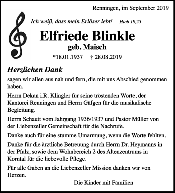 Traueranzeige von Elfriede Blinkle von Leonberger Kreiszeitung / Strohgäu Extra