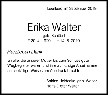 Traueranzeige von Erika Walter von Leonberger Kreiszeitung / Strohgäu Extra