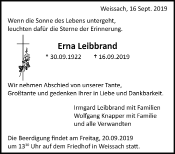 Traueranzeige von Erna Leibbrand von Leonberger Kreiszeitung / Strohgäu Extra