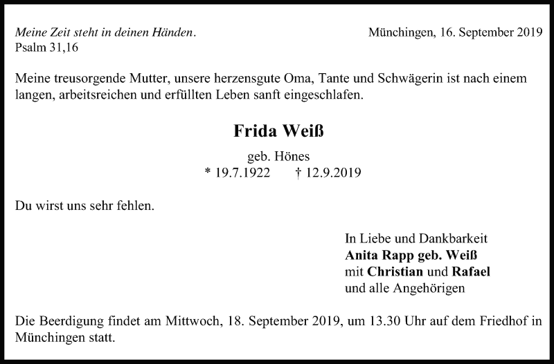  Traueranzeige für Frieda Weiß vom 17.09.2019 aus Leonberger Kreiszeitung / Strohgäu Extra