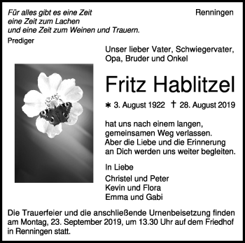 Traueranzeige von Fritz Hablitzel von Leonberger Kreiszeitung / Strohgäu Extra