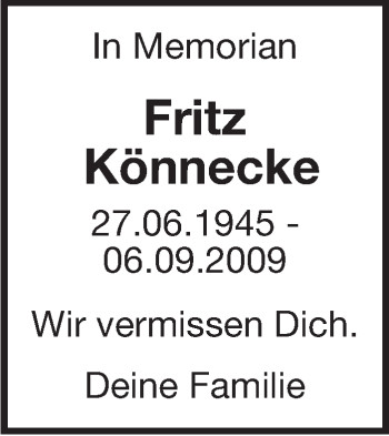 Traueranzeige von Fritz Könnecke von Leonberger Kreiszeitung / Strohgäu Extra