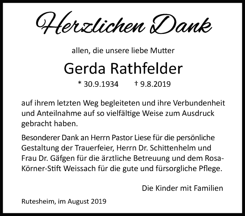  Traueranzeige für Gerda Rathfelder vom 31.08.2019 aus Leonberger Kreiszeitung / Strohgäu Extra