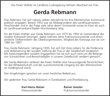 Traueranzeige von Gerda Rebmann von Leonberger Kreiszeitung / Strohgäu Extra